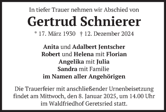 Todesanzeige von Gertrud Schnierer von merkurtz