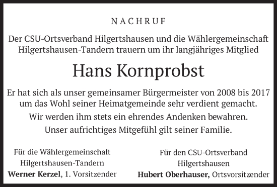 Todesanzeige von Hans Kornprobst von merkurtz
