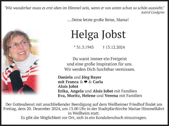 Todesanzeige von Helga Jobst von merkurtz