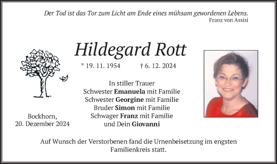 Todesanzeige von Hildegard Rott von merkurtz