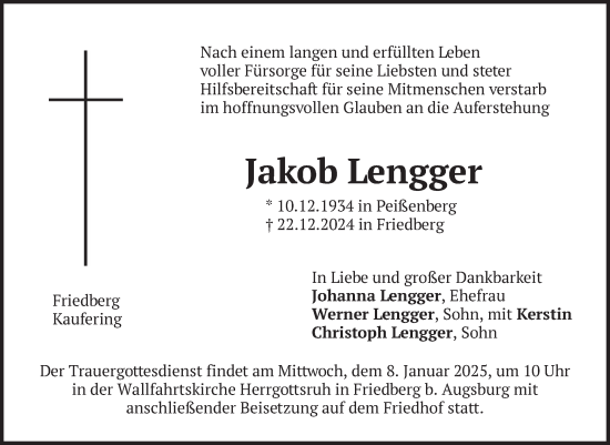 Todesanzeige von Jakob Lengger von merkurtz