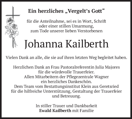 Todesanzeige von Johanna Kailberth von merkurtz