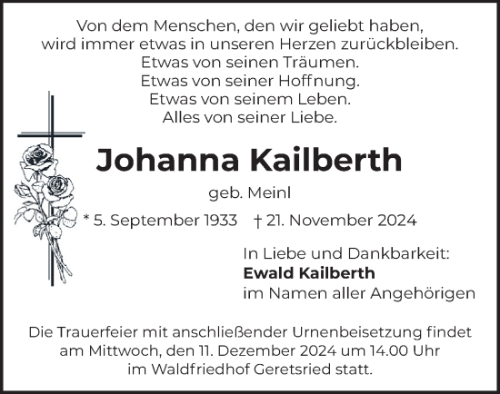 Todesanzeige von Johanna Kailberth von merkurtz