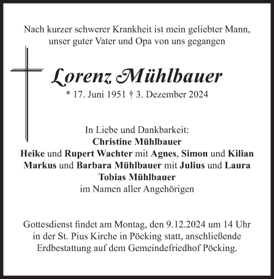 Todesanzeige von Lorenz Mühlbauer von merkurtz