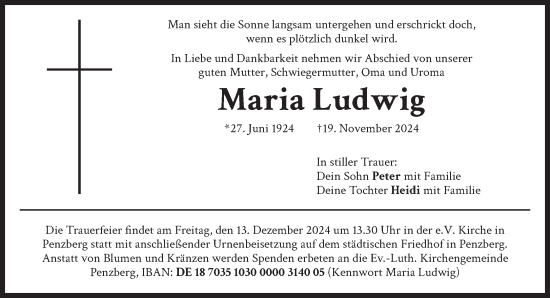 Todesanzeige von Maria Ludwig von Das Gelbe Blatt Penzberg
