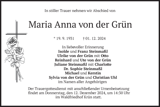 Todesanzeige von Maria Anna von der Grün von merkurtz