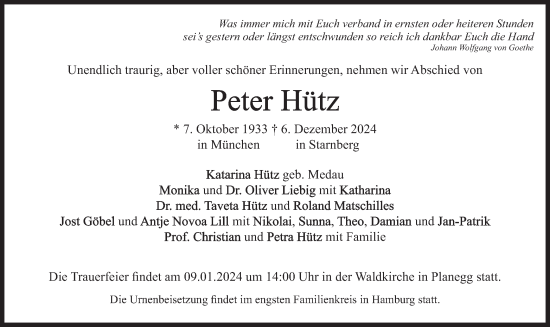 Todesanzeige von Peter Hütz von merkurtz