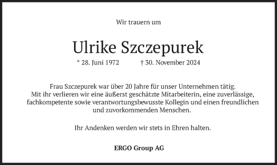 Todesanzeige von Ulrike Szczepurek von merkurtz
