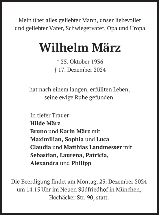Todesanzeige von Wilhelm März von merkurtz