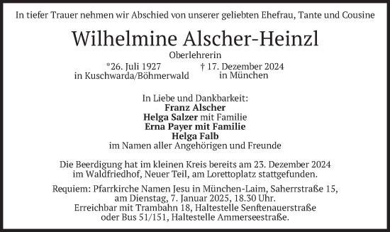 Todesanzeige von Wilhelmine Alscher-Heinzl von merkurtz