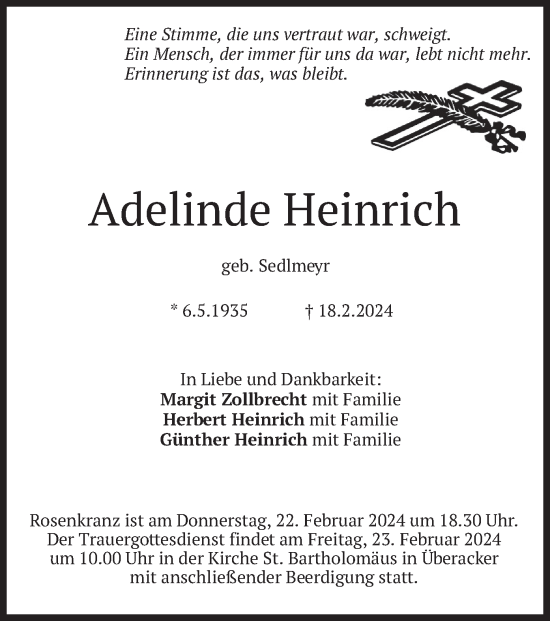Todesanzeige von Adelinde Heinrich von merkurtz