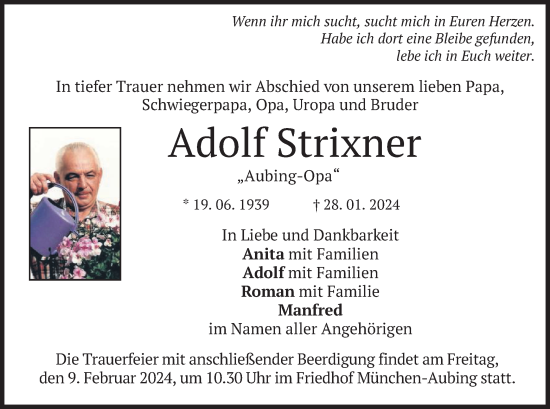 Todesanzeige von Adolf Strixner von merkurtz