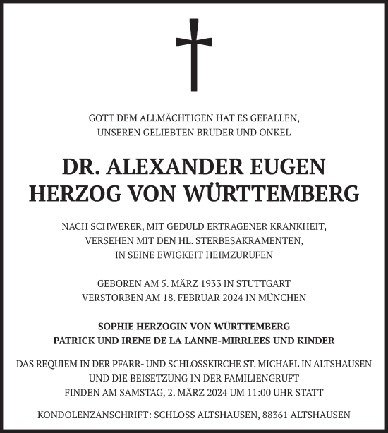 Todesanzeige von Alexander Eugen Herzog von Württemberg von merkurtz