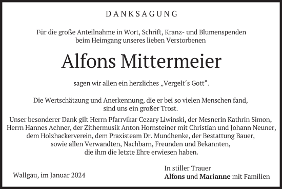Todesanzeige von Alfons Mittermeier von merkurtz