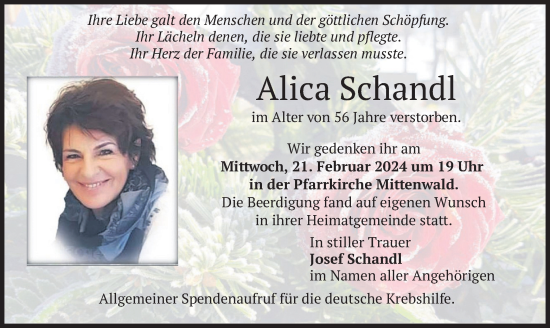 Todesanzeige von Alica Schandl von merkurtz
