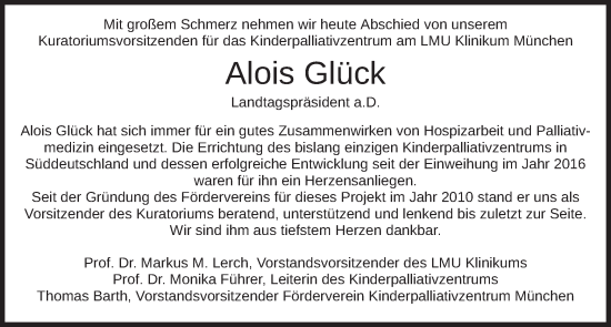 Todesanzeige von Alois Glück von merkurtz