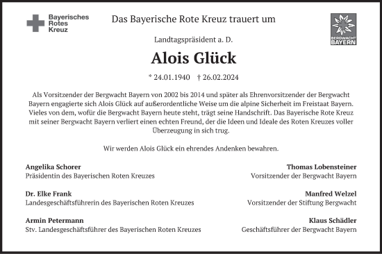 Todesanzeige von Alois Glück von merkurtz