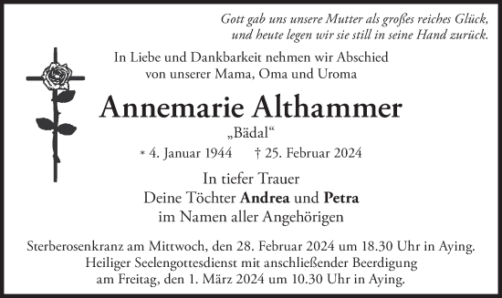 Todesanzeige von Annemarie Althammer von merkurtz