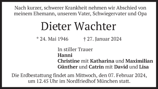 Todesanzeige von Dieter Wachter von merkurtz