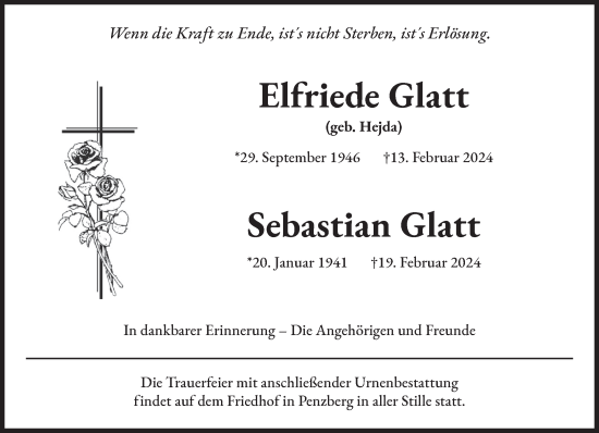 Todesanzeige von Elfriede und Sebastian Glatt von Das Gelbe Blatt Penzberg