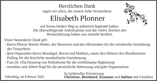 Todesanzeige von Elisabeth Plonner von merkurtz