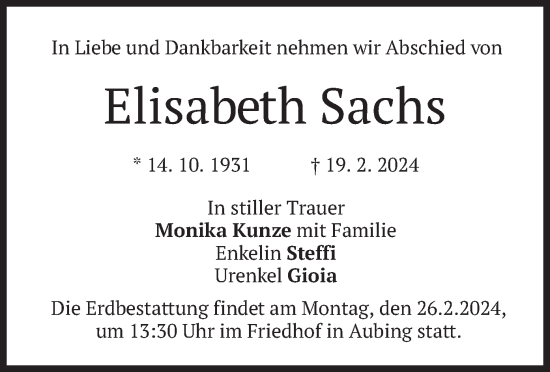 Todesanzeige von Elisabeth Sachs von merkurtz