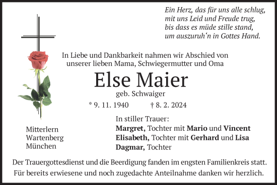 Todesanzeige von Else Maier von merkurtz
