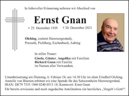 Todesanzeige von Ernst Gnan von merkurtz