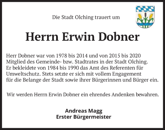 Todesanzeige von Erwin Dobner von merkurtz
