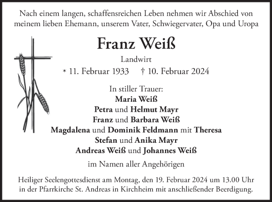 Todesanzeige von Franz Weiß von merkurtz
