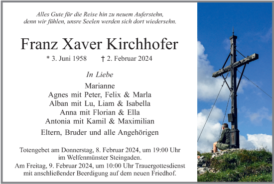 Todesanzeige von Franz Xaver Kirchhofer von merkurtz