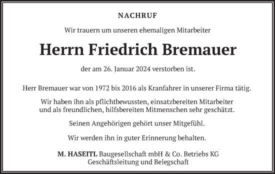 Todesanzeige von Friedrich Bremauer von merkurtz