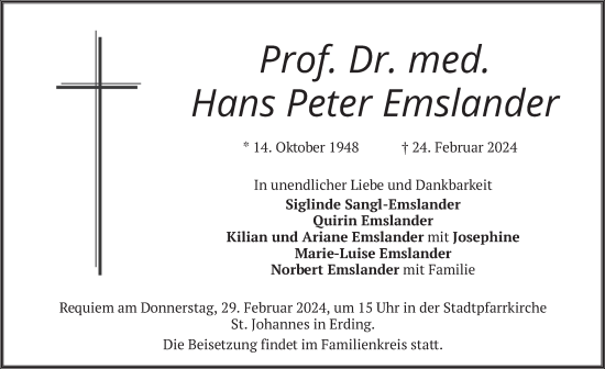 Todesanzeige von Hans Peter Emslander von merkurtz