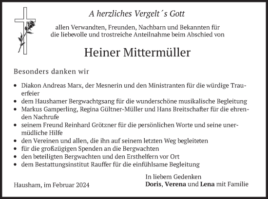 Todesanzeige von Heiner Mittermüller von merkurtz