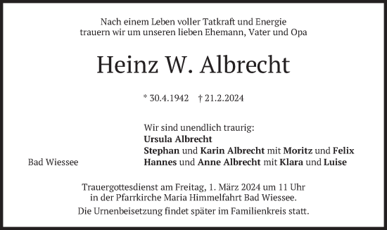 Todesanzeige von Heinz Albrecht von merkurtz