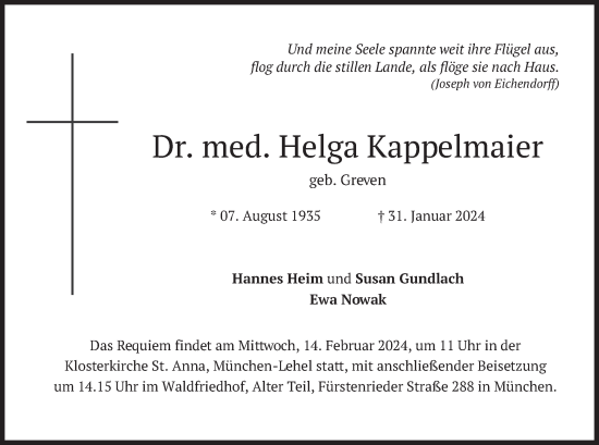 Todesanzeige von Helga Kappelmaier von merkurtz