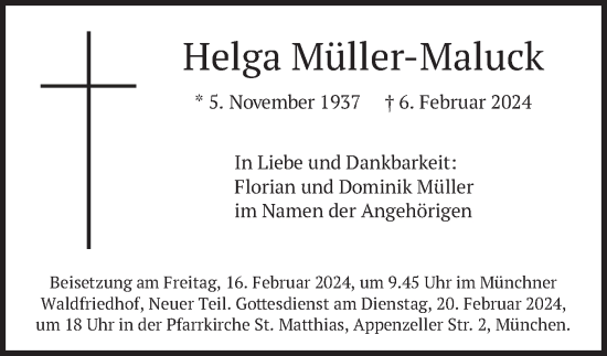 Todesanzeige von Helga Müller-Maluck von merkurtz
