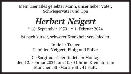 Todesanzeige von Herbert Neigert von merkurtz