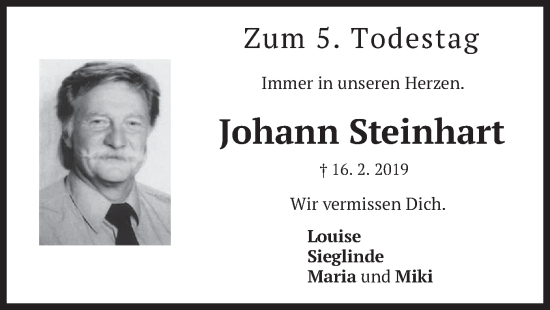 Todesanzeige von Johann Steinhart von merkurtz