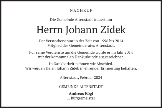 Todesanzeige von Johann Zidek von merkurtz