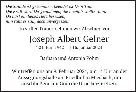 Todesanzeige von Joseph Albert Gelner von merkurtz