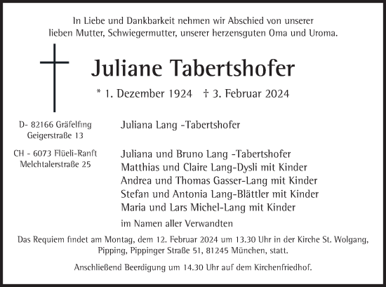 Todesanzeige von Juliane Tabertshofer von merkurtz