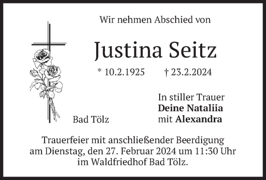 Todesanzeige von Justina Seitz von merkurtz