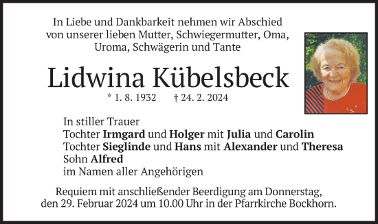 Todesanzeige von Lidwina Kübelsbeck von merkurtz