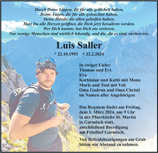 Todesanzeige von Luis Saller von merkurtz