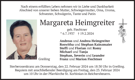 Todesanzeige von Margareta Heimgreiter von merkurtz