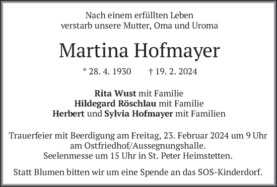 Todesanzeige von Martina Hofmayer von merkurtz