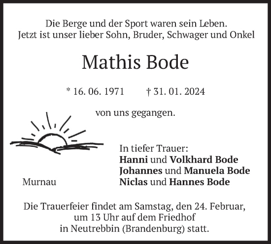 Todesanzeige von Mathis Bode von merkurtz