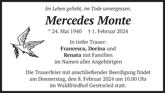 Todesanzeige von Mercedes Monte von merkurtz