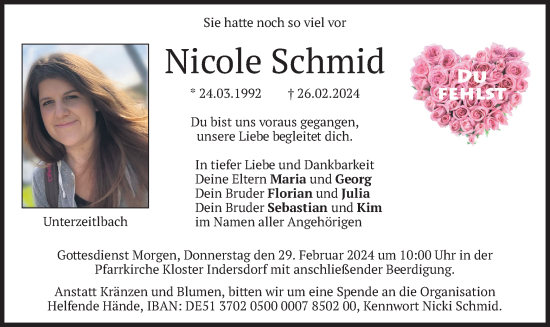 Todesanzeige von Nicole Schmid von merkurtz